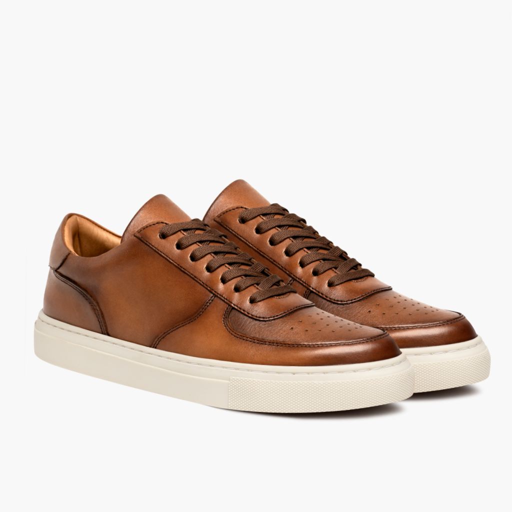 Court Toffee-Braun x Off-Weiß Leder-Sneaker für Herren in White Full-Grain Leather - Seitenansicht | Online Kaufen