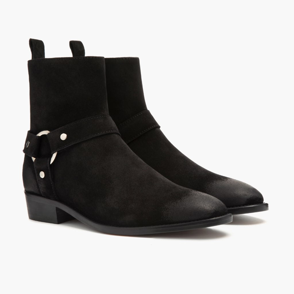 Harness Schwarz Suede Lederstiefel für Herren in Black Goatskin Suede - Seitenansicht | Online Kaufen