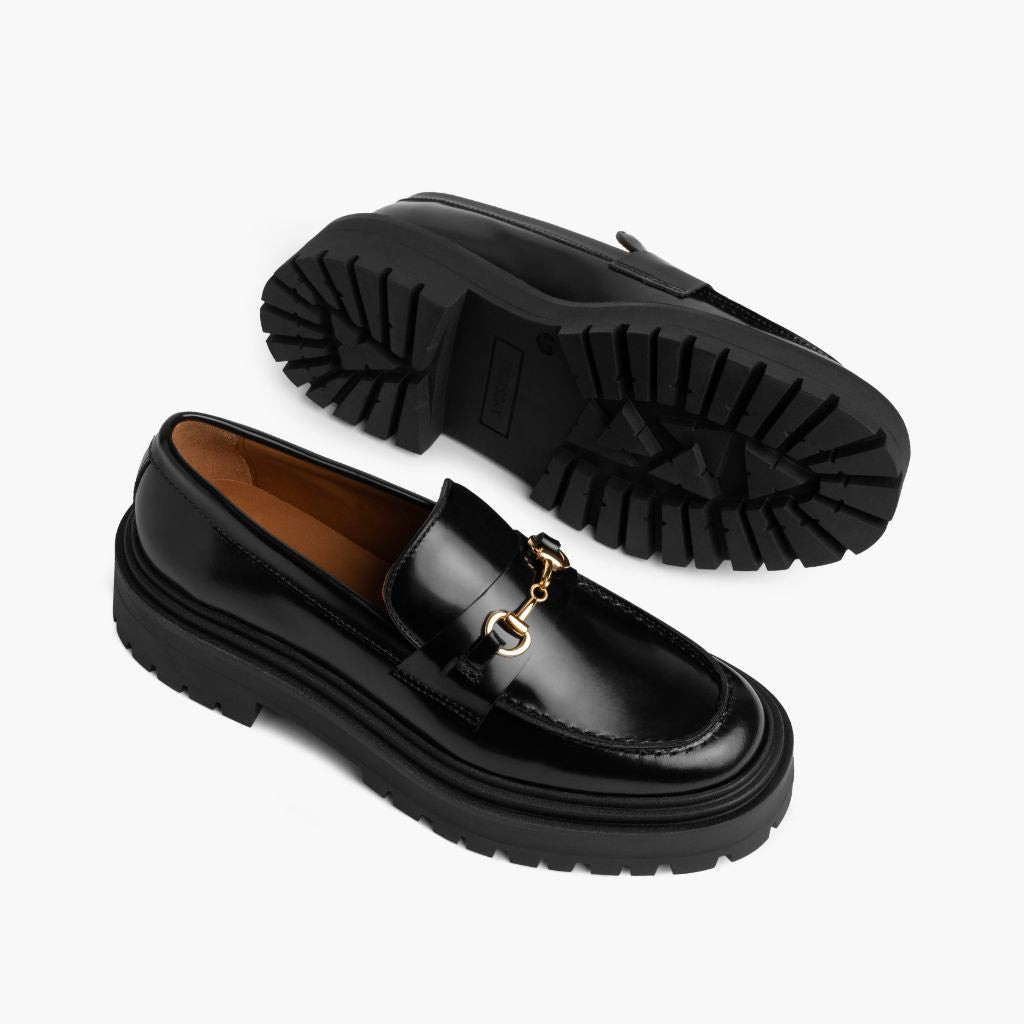 High-Traction Rubber Outsole & Lug Tread Pattern on Penny Platform Schwarz & Gold Leder-Loafer für Damen