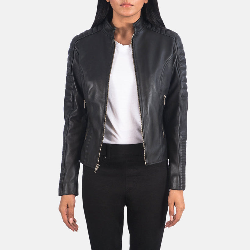 Adalyn Gesteppt Schwarz Leder-Bikerjacke für Damen