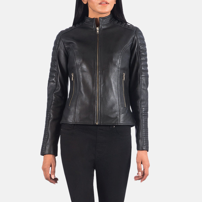 Adalyn Gesteppt Schwarz Leder-Bikerjacke für Damen