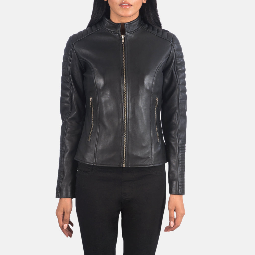 
Detailansicht of Band & Zipper Hardware on Adalyn Gesteppt Schwarz Leder-Bikerjacke für Damen