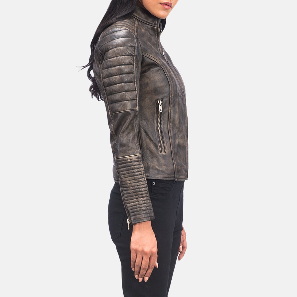 
Distressed Brown Goatskin Leather Biker Jacket - Rückansicht mit passgenauen Schultern & sauberem Saum
