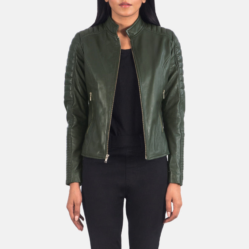 Adalyn Gesteppt Grün Leder-Bikerjacke für Damen
