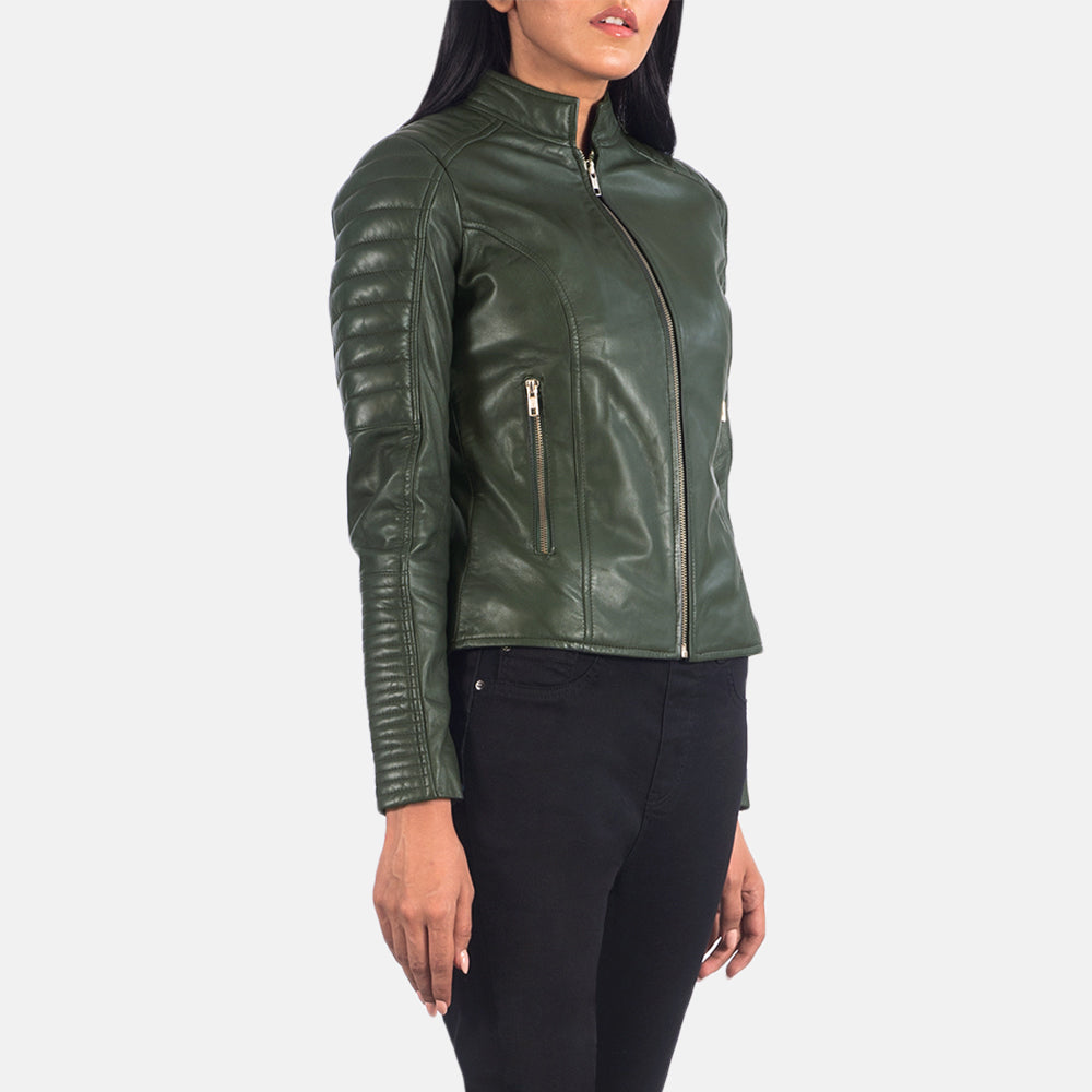 
Green Sheepskin Leather Biker Jacket - Rückansicht mit passgenauen Schultern & sauberem Saum
