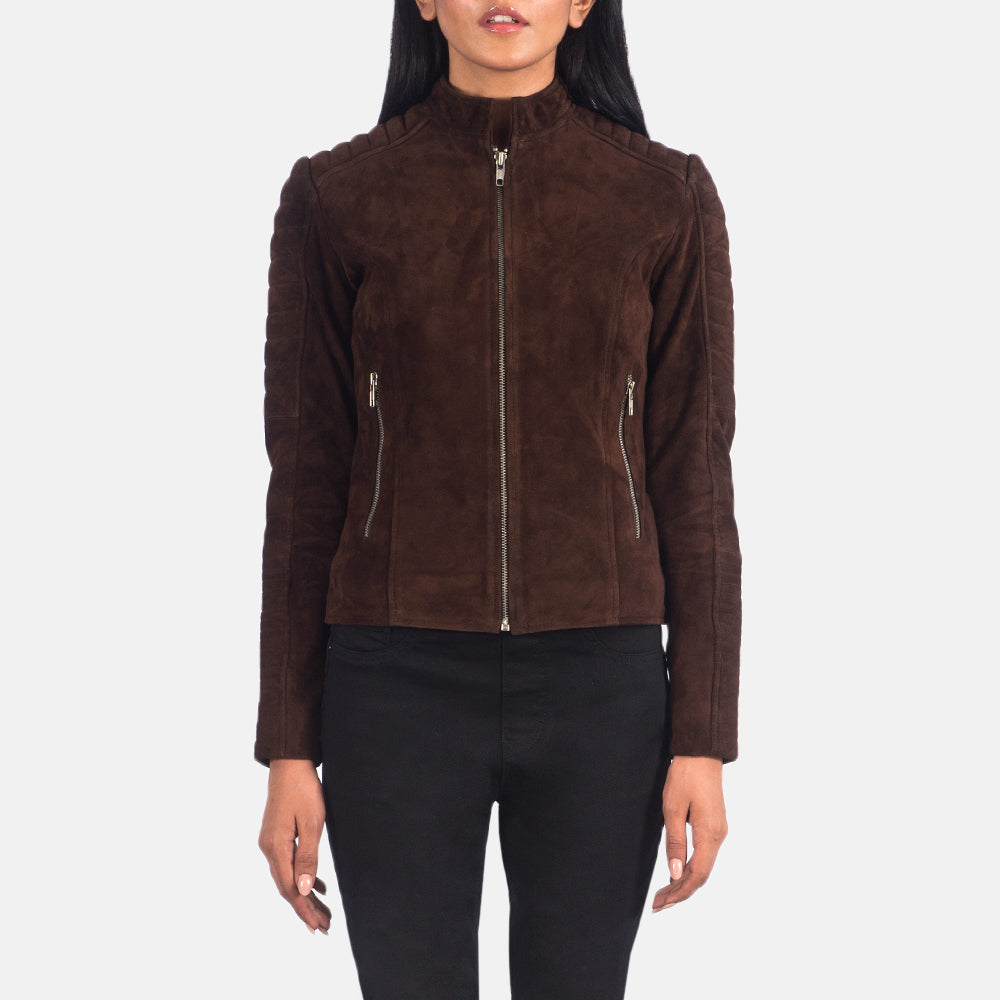 Women's Adalyn Gesteppt Mocha Suede Leder-Bikerjacke für Damen in Mocha Brown Goatskin Suede - Vorderansicht &amp; maßgeschneiderte Silhouette | Online Kaufen
