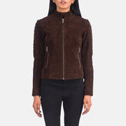 Women's Adalyn Gesteppt Mocha Suede Leder-Bikerjacke für Damen in Mocha Brown Goatskin Suede - Vorderansicht &amp; maßgeschneiderte Silhouette | Online Kaufen