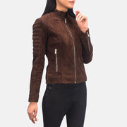 Women's Adalyn Gesteppt Mocha Suede Leder-Bikerjacke für Damen - Seitenansicht mit ergonomischem Ärmelschnitt