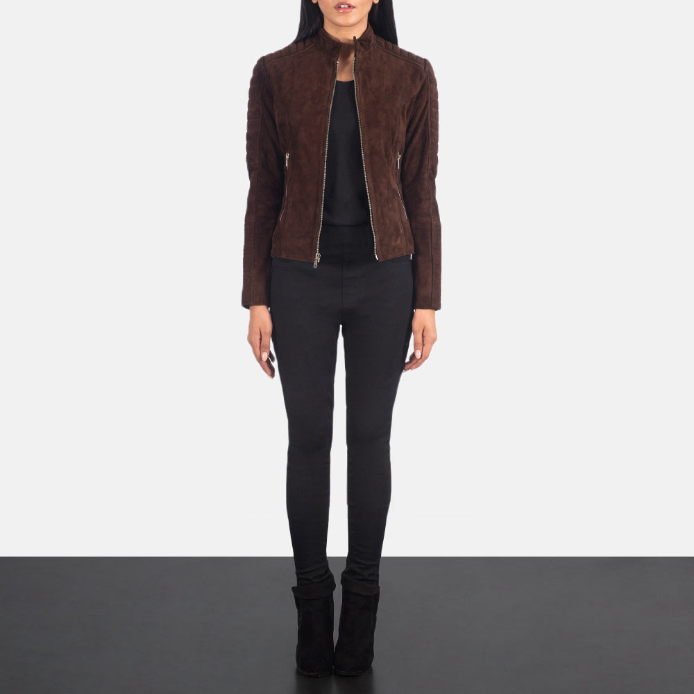 Detailansicht of Band &amp; Zipper Hardware on Women's Adalyn Gesteppt Mocha Suede Leder-Bikerjacke für Damen