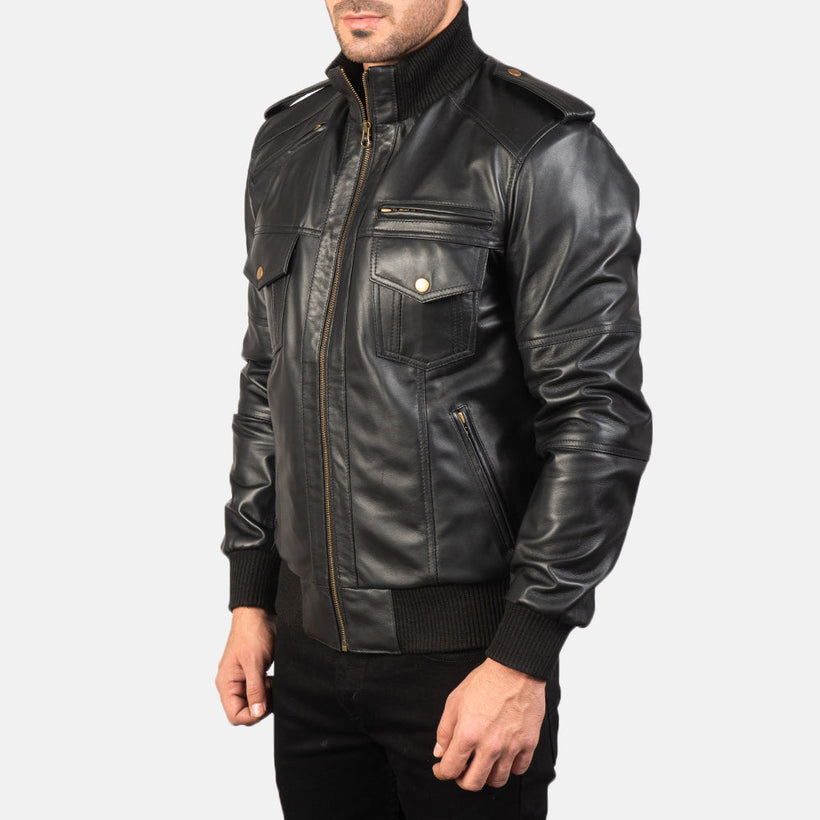 Agent Shadow Schwarz Leder-Bomberjacke für Herren