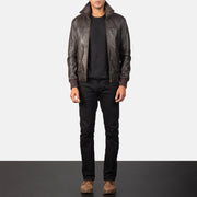 Detailansicht of Rib Knit &amp; Zipper Hardware on Men's Air Rolf Mocha Brown Leather Bomber Jacket