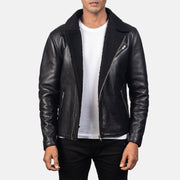 Men's Alberto Shearling Schwarz Lederjacke für Herren in Black Sheepskin Leather - Vorderansicht &amp; maßgeschneiderte Silhouette | Online Kaufen