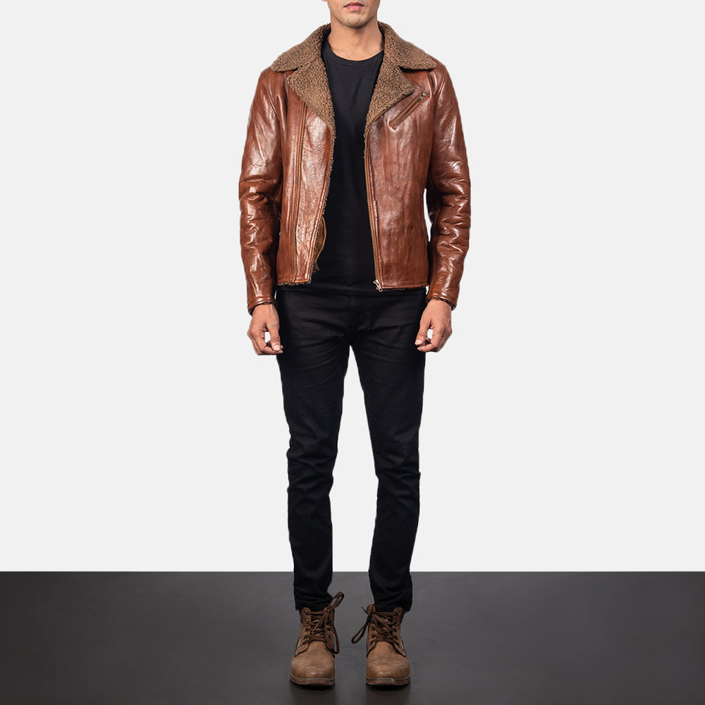 Detailansicht of Notch &amp; Zipper Hardware on Men's Alberto Shearling Braun Lederjacke für Herren