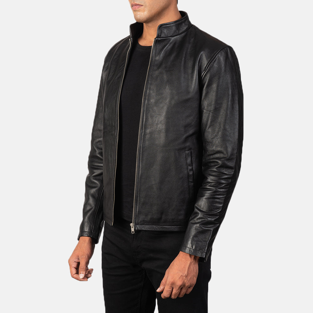 Black Cowhide Leather Biker Jacket - Rückansicht mit passgenauen Schultern &amp; sauberem Saum