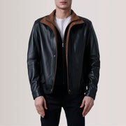 Alfred Brown Leather Bomber Jacket For Men in Brown Sheepskin Leather - Front Profile View & Tailored Silhouette | Buy Online