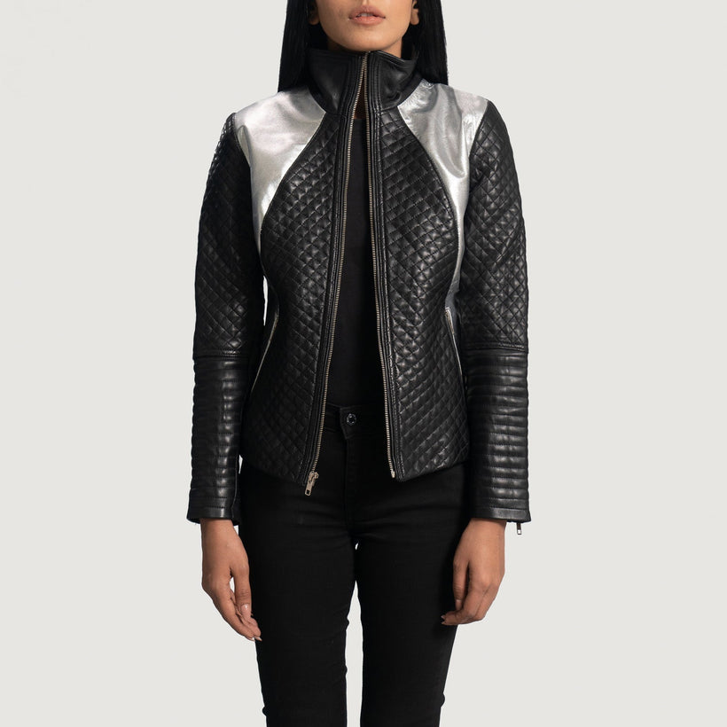 Alia Metallic Schwarz Leder-Bikerjacke für Damen
