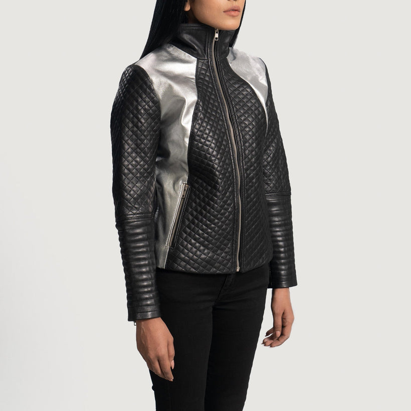Alia Metallic Schwarz Leder-Bikerjacke für Damen