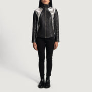 
Detailansicht of High Neck & Zipper Hardware on Alia Metallic Schwarz Leder-Bikerjacke für Damen