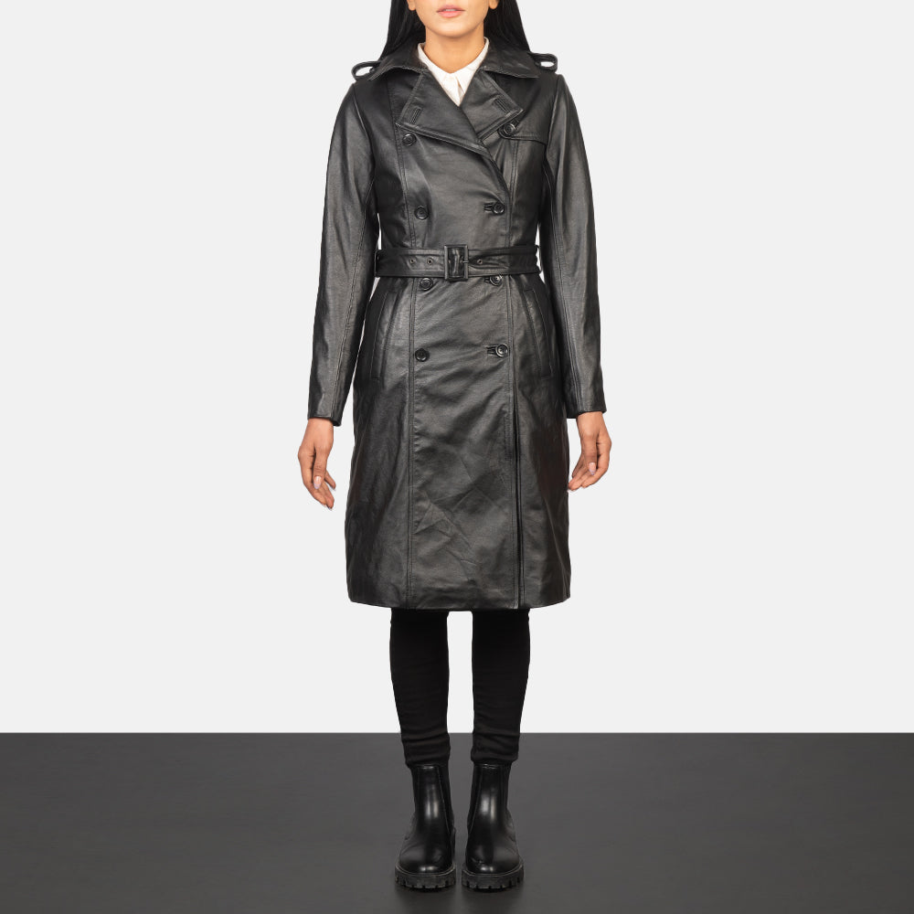
Alice Black Double Breasted Leather Coat in Black Cowhide Leather - Vorderansicht & maßgeschneiderte Silhouette | Online Kaufen