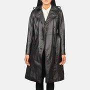 
Alice Black Double Breasted Leather Coat - Seitenansicht mit ergonomischem Ärmelschnitt & sportlicher Passform