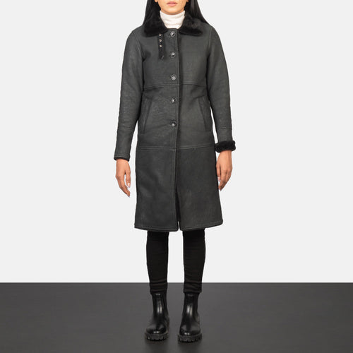 Women's Alina Shearling Black Leather Coat in Distressed Black Sheepskin Leather - Front Profile View & Tailored Silhouette | Buy Online