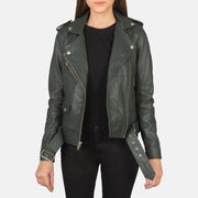 Women's Alison Grün Leder-Bikerjacke für Damen in Green Sheepskin Leather - Vorderansicht &amp; maßgeschneiderte Silhouette | Online Kaufen