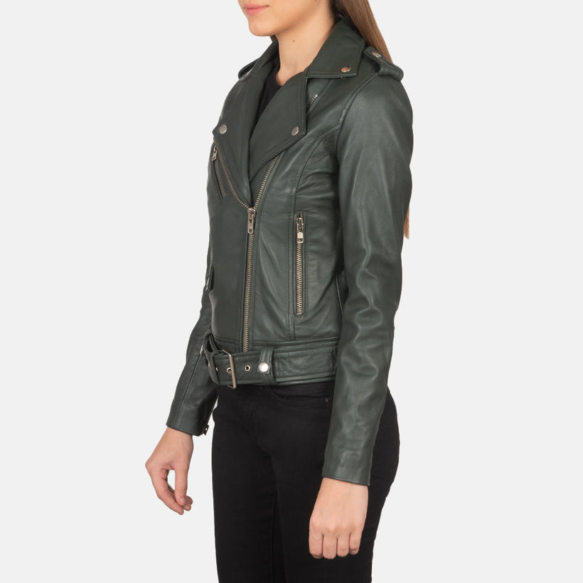 Alison Grün Leder-Bikerjacke für Damen