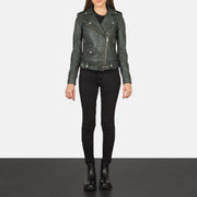 Women's Alison Grün Leder-Bikerjacke für Damen - Seitenansicht mit ergonomischem Ärmelschnitt