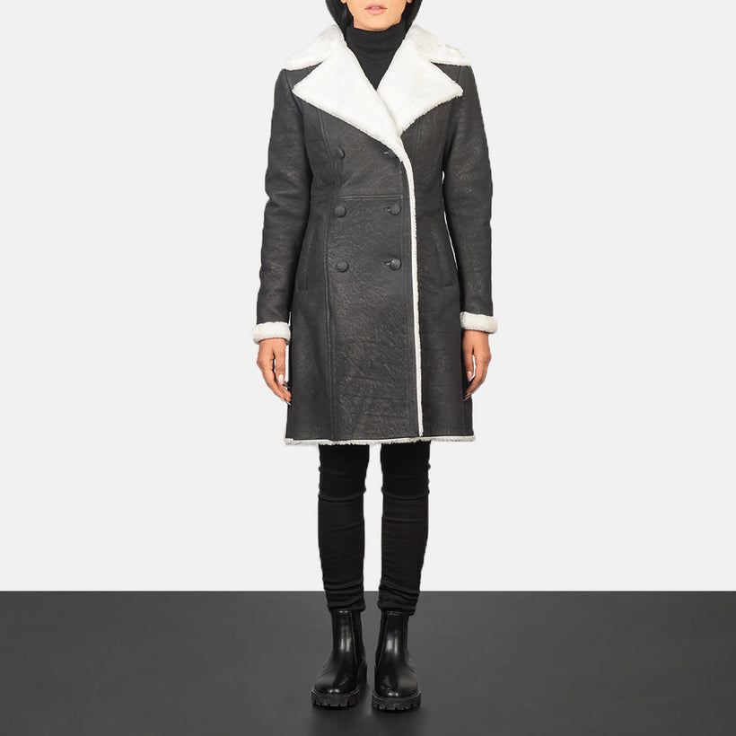 Amie Schwarz Double-Breasted Shearling Ledermantel für Damen