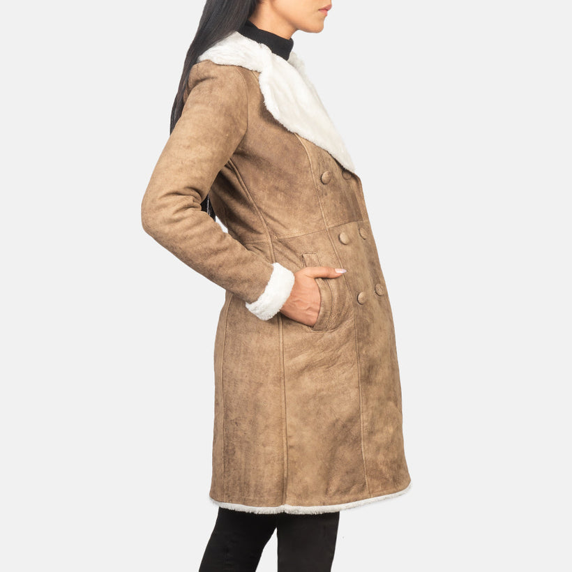 Amie Distressed Braun Double-Breasted Shearling Ledermantel für Damen