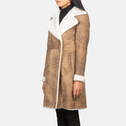 Detailansicht of Notch &amp; Leather Buttons Hardware on Women's Amie Distressed Brown Double Breasted Shearling Coat