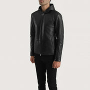 Matte Black Sheepskin Leather Hooded Jacket - Rückansicht mit passgenauen Schultern &amp; sauberem Saum