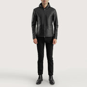 Detailansicht of Hooded &amp; Zipper Hardware on Men's Andy Matte Schwarz Hooded Lederjacke für Herren