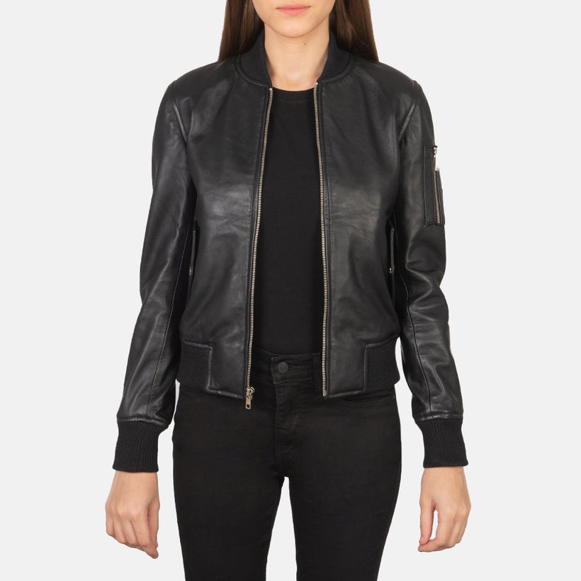 Ava MA-1 Schwarz Leder-Bomberjacke für Damen