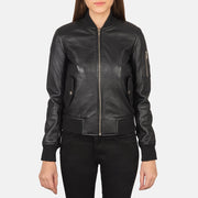 Detailansicht of Rib Knit &amp; Zipper Hardware on Women's Ava Ma-1 Black Leather Bomber Jacket