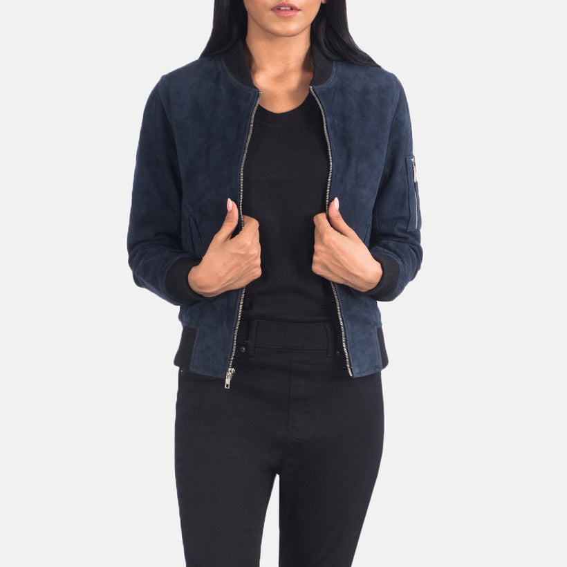 Ava MA-1 Blau Suede Leder-Bomberjacke für Damen
