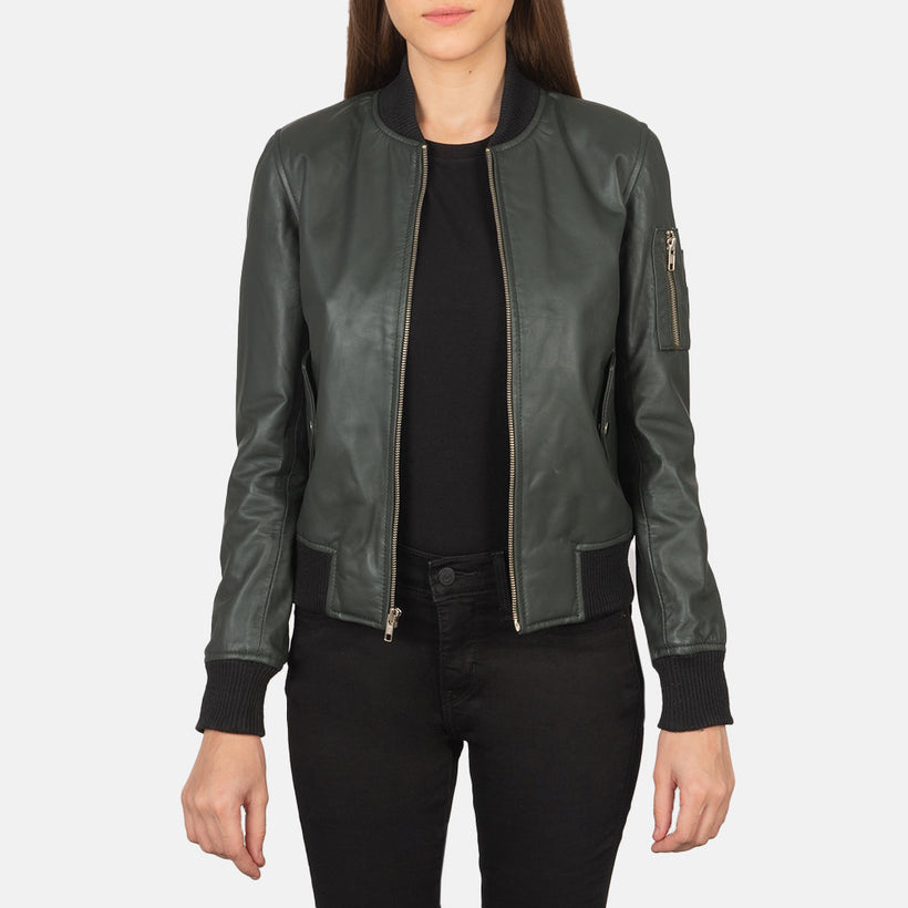 Ava MA-1 Grün Leder-Bomberjacke für Damen