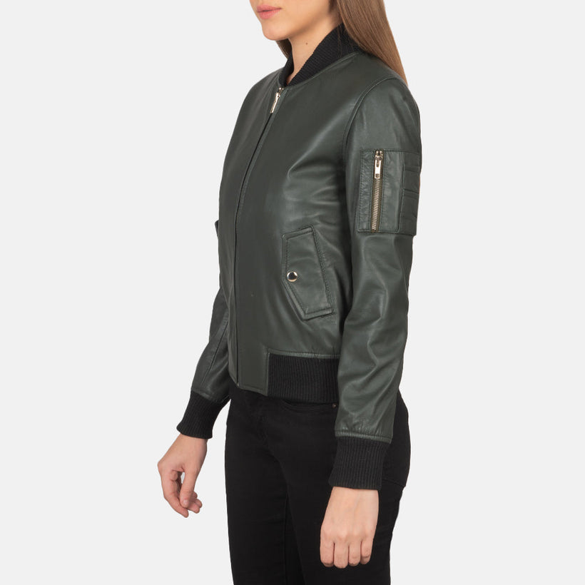 Ava MA-1 Grün Leder-Bomberjacke für Damen