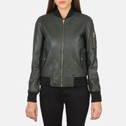 Detailansicht of Rib Knit &amp; Zipper Hardware on Ava Ma-1 Green Leather Bomber Jacket
