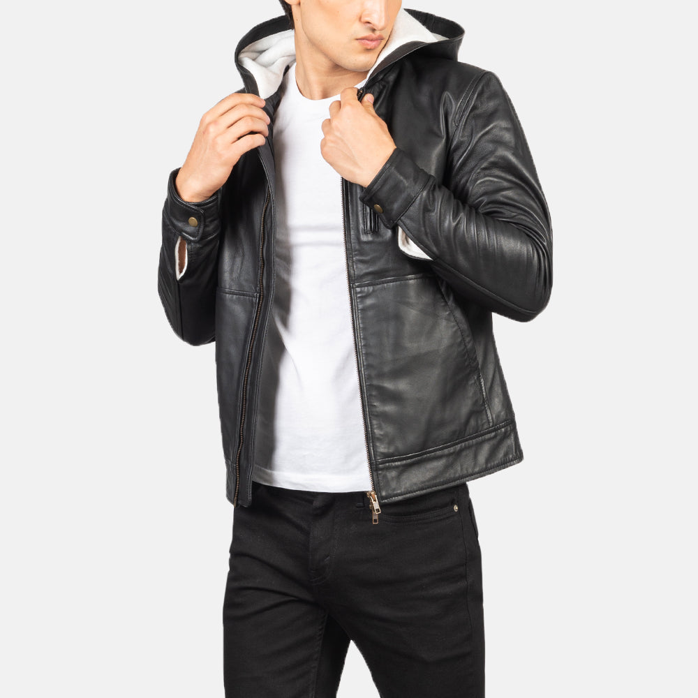 Men's Baston Black Hooded Leather Bomber Jacket in Black Sheepskin Leather - Vorderansicht &amp; maßgeschneiderte Silhouette | Online Kaufen