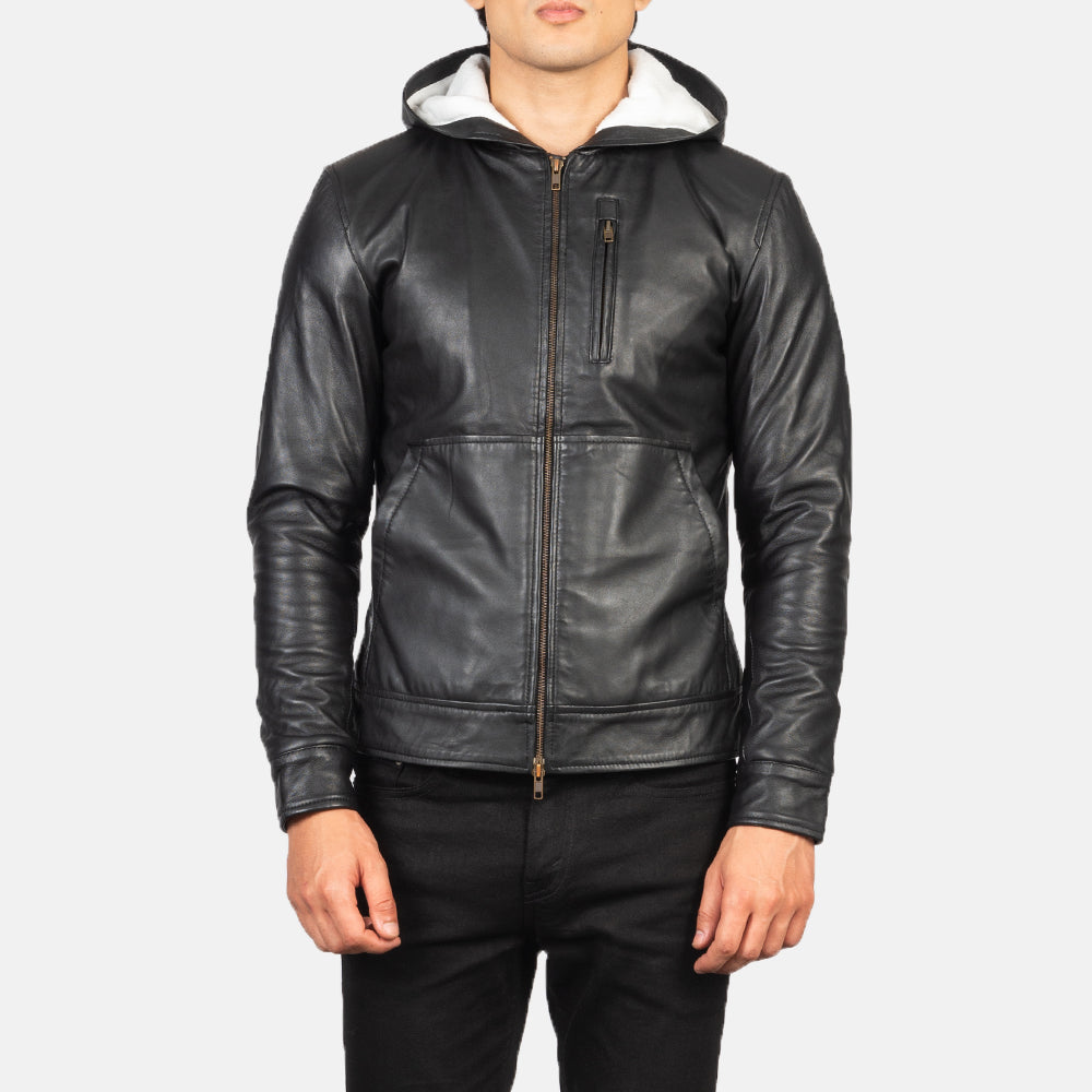 Detailansicht of Hooded &amp; Zipper Hardware on Men's Baston Black Hooded Leather Bomber Jacket