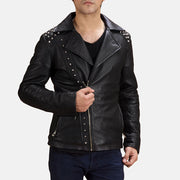 
Schwarz mit Nietenbesatz Leder-Bikerjacke für Herren in Black Sheepskin Leather - Vorderansicht & maßgeschneiderte Silhouette | Online Kaufen