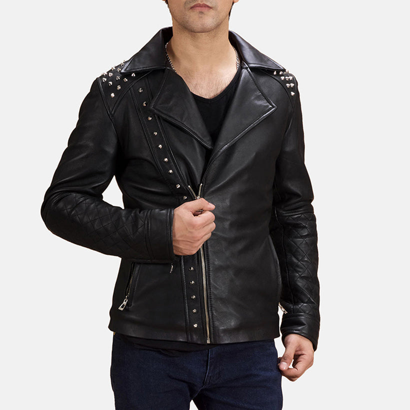 Schwarz mit Nietenbesatz Leder-Bikerjacke für Herren