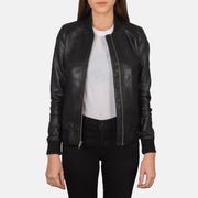 Women's Bliss Schwarz Leder-Bomberjacke für Damen in Black Sheepskin Leather - Vorderansicht &amp; maßgeschneiderte Silhouette | Online Kaufen