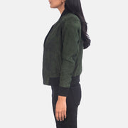 Green Goatskin Suede Bomber Jacket - Rückansicht mit passgenauen Schultern &amp; sauberem Saum