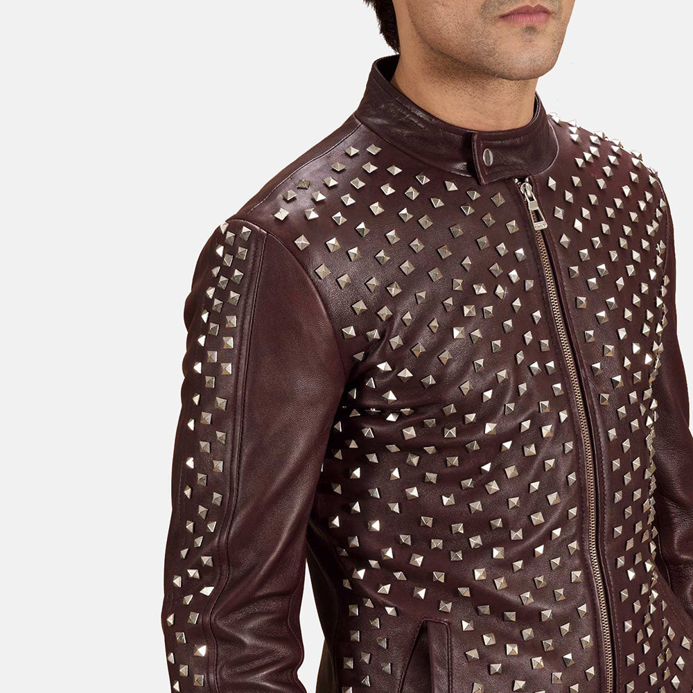 
Detailansicht von Stehkragen mit Druckknopf & Reißverschluss an Blix Bono Kastanienbraun Leder-Bikerjacke für Herren