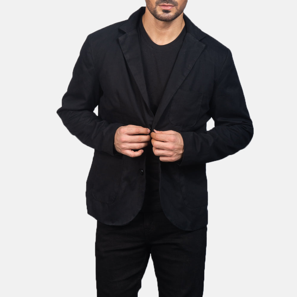 Borges Schwarz Lederblazer für Herren in Black Poly-Cotton - Vorderansicht &amp; maßgeschneiderte Silhouette | Online Kaufen