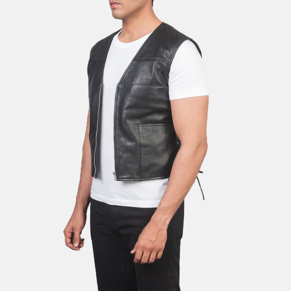 Black Sheepskin leather Vest - Rückansicht mit passgenauen Schultern &amp; sauberem Saum