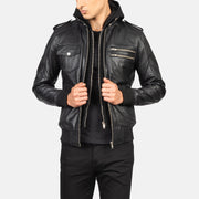 
Bravado Black Hooded Leather Bomber Jacket in Black Sheepskin Leather - Vorderansicht & maßgeschneiderte Silhouette | Online Kaufen