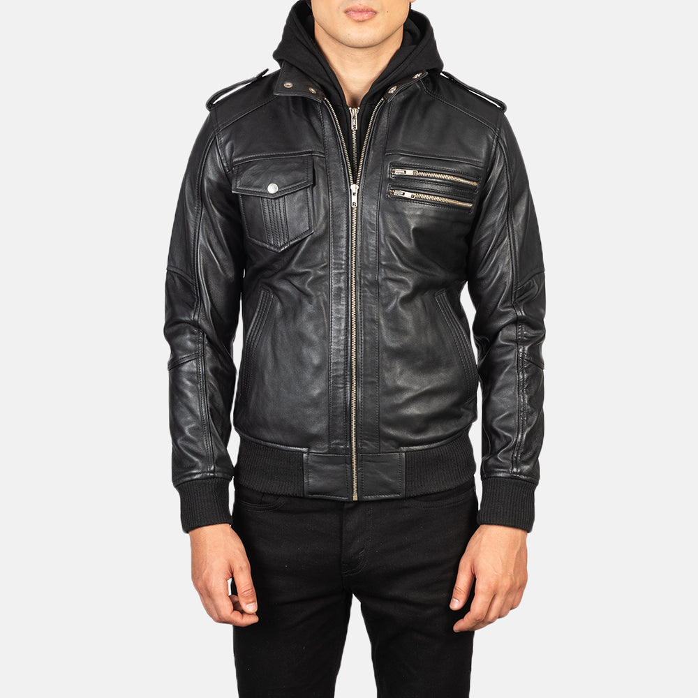 
Detailansicht of High Neck & Zipper Hardware on Bravado Black Hooded Leather Bomber Jacket